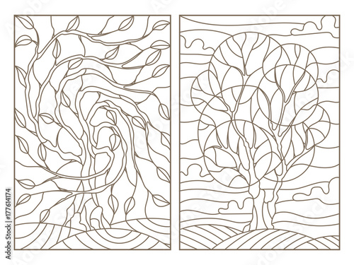 Set contour illustrations of stained glass with the image of the trees