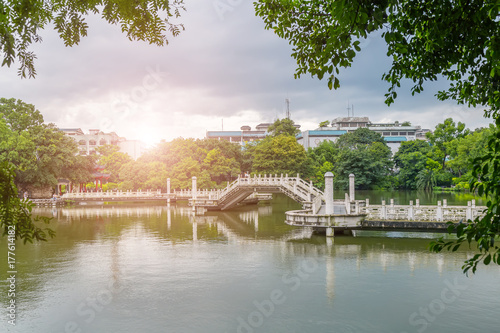 Chinese classical garden stone bridge lake