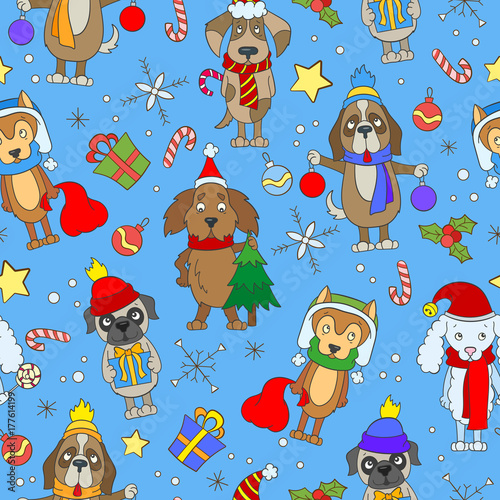 Seamless pattern on the theme of new year and Christmas, funny cartoon dog on blue background
