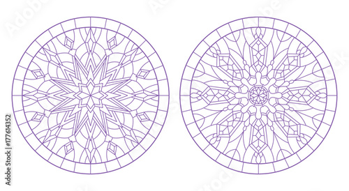 Set contour illustrations of stained glass with snowflakes in the framework ,round image