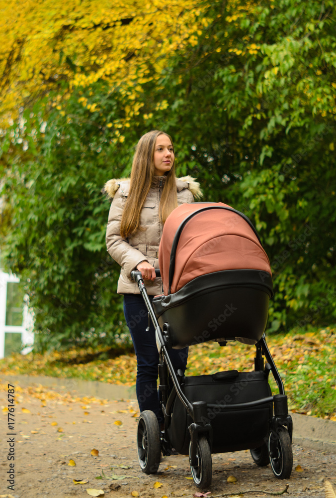 Family, child and motherhood concept - happy mother walking with baby stroller in park