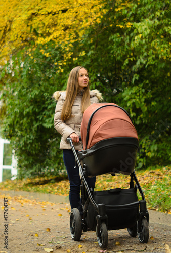 Obraz na płótnie Family, child and motherhood concept - happy mother walking with baby stroller in park w salonie