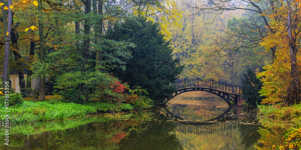 Fototapeta premium Scenic view of misty autumn landscape with beautiful old bridge in the garden with red maple foliage.