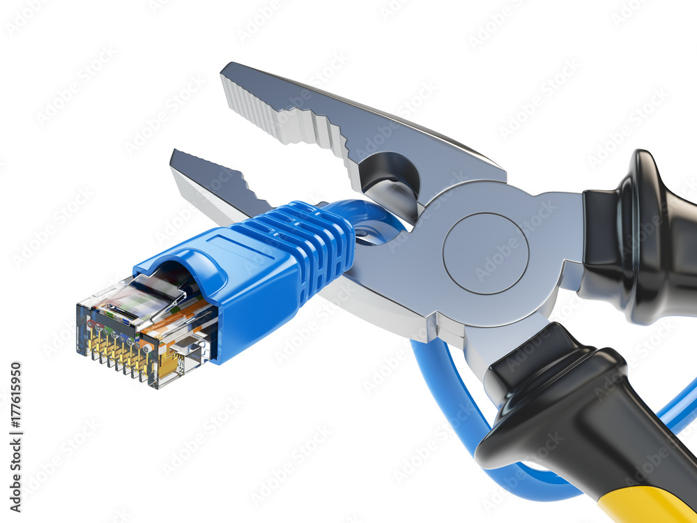 Pliers cutting lan network computer cable. Internet connection disconnected.  ilustración de Stock | Adobe Stock