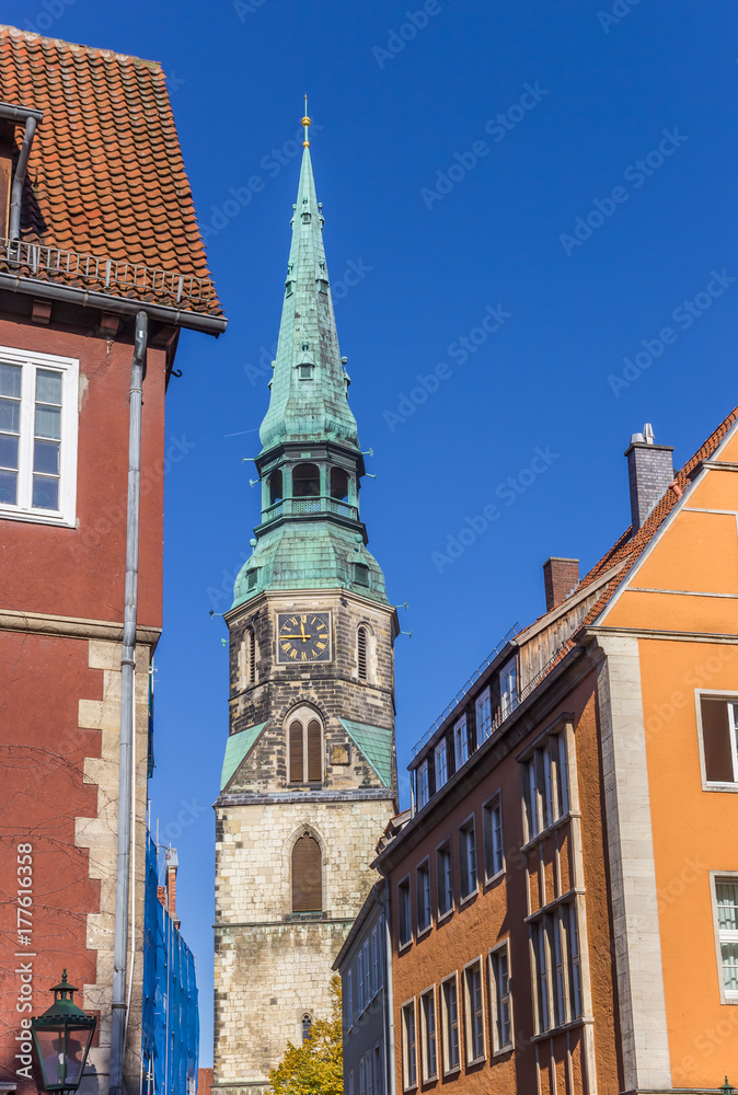 Colorful houses and church tower in Hannover