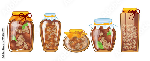 Set of glass jars with preserved mushrooms. Isolated on a white background. Vector Illustration.
