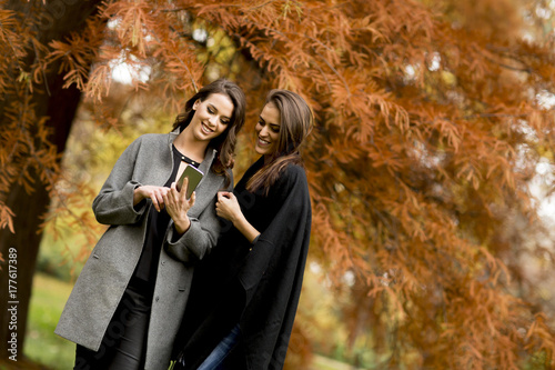 Two pretty young women usin...
