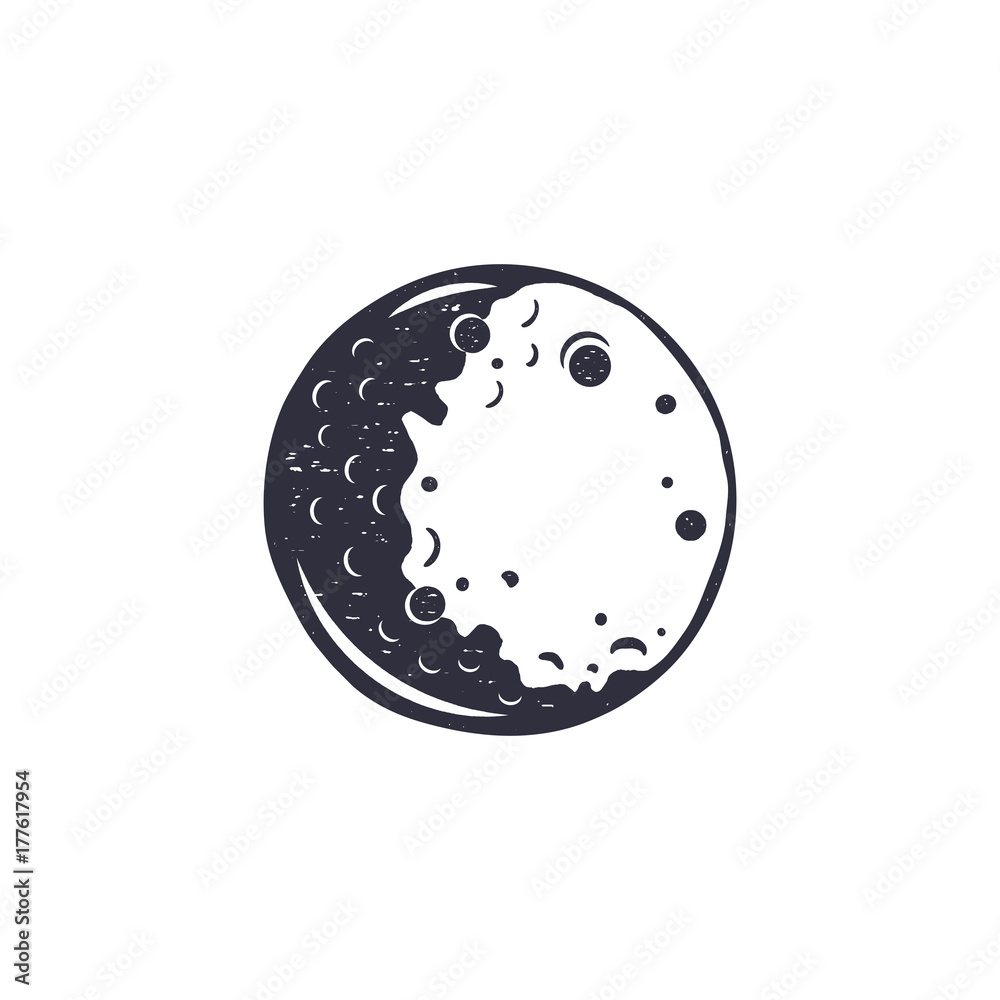 Vintage hand drawn moon symbol. Silhouette monochrome moon icon. Stock vector illustration isolated on white background. Retro design - obrazy, fototapety, plakaty 