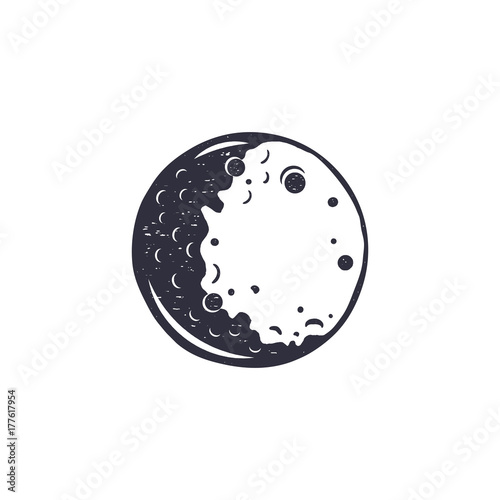 Vintage ręcznie rysowane symbol księżyca. Ikona księżyc monochromatyczne sylwetka. Akcyjna wektorowa ilustracja odizolowywająca na białym tle. Retro projekt