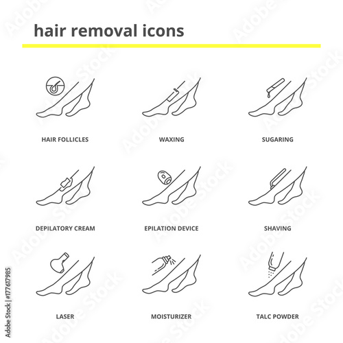 Hair removal icons set: shaving, waxing, sugaring, depilatory cream, laser epilation