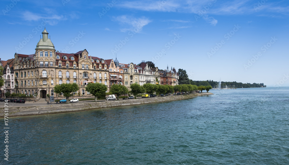 Constance, View of old house facades with Lake Constance  - Baden-Wuerttemberg, Germany, Europe