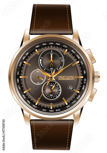 Gold watch chronograph brown leather strap on white background vector illustration.
