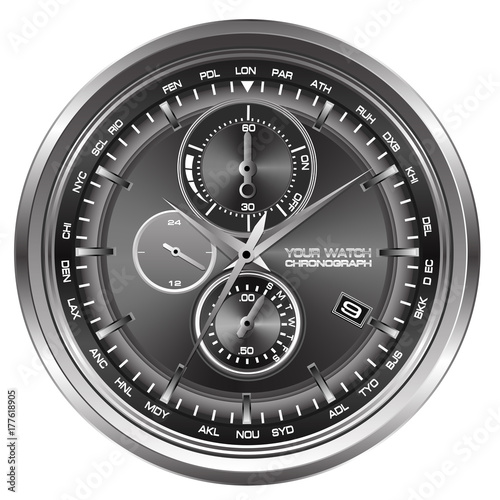 Watch chronograph face on white background vector illustration.