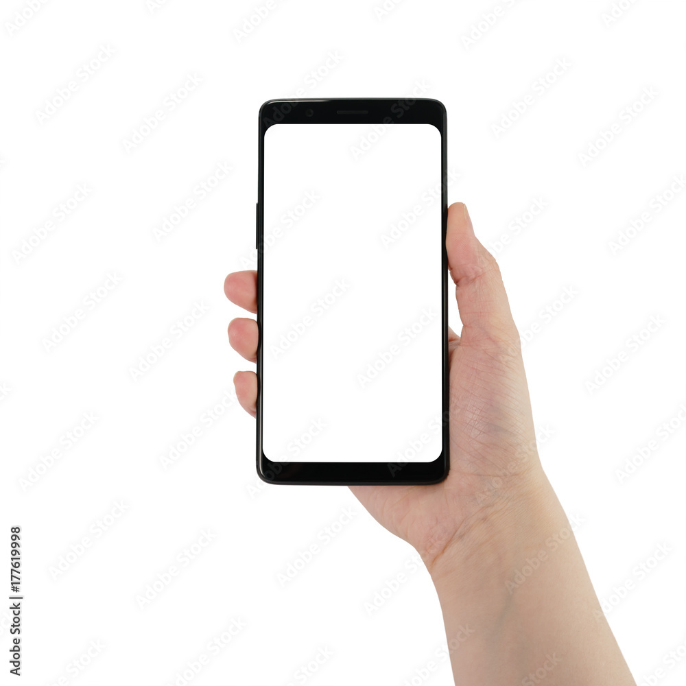 young female hand hold smatphone with blank screen isolated on white young female hand hold smatphone with blank screen isolated on white