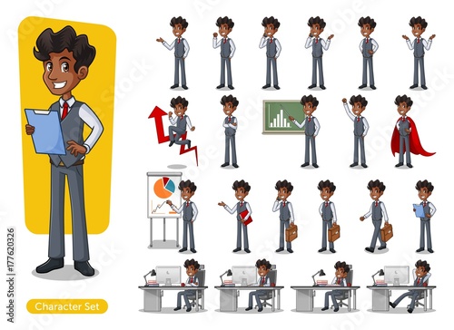 Set of businessman cartoon character design with different poses, isolated against white background.