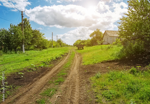 Dirt road in the village, spring day and green grass around.