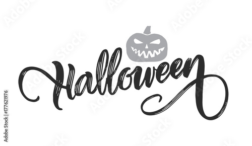 Vector Hand drawn lettering of  Halloween with pumpkin on white background