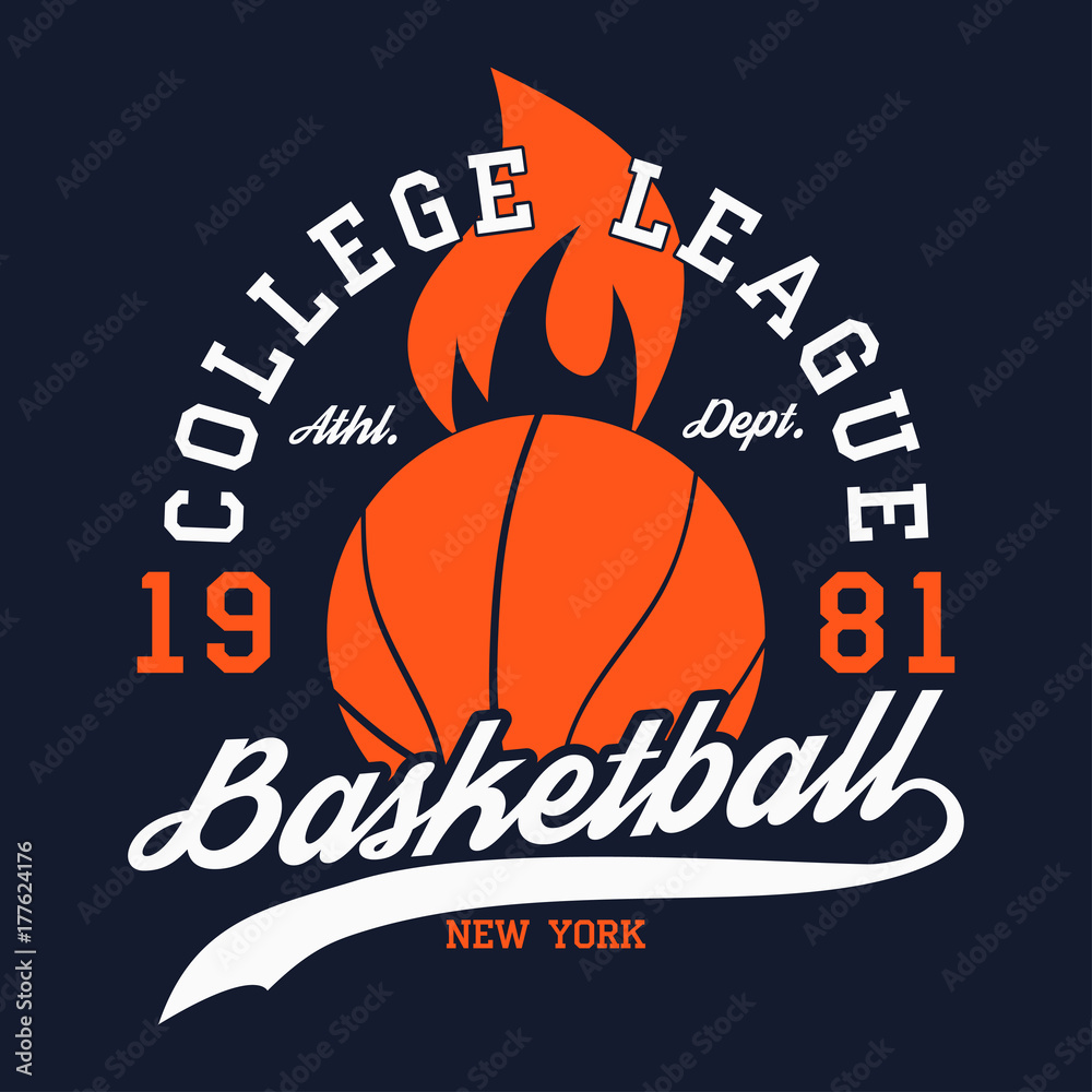 Fototapeta Basketball sports apparel with fiery ball. New York college league. Typography emblem for t-shirt. Design for athletic clothes print. Vector illustration.