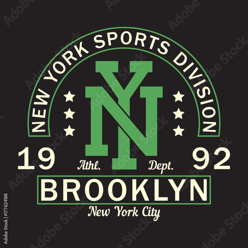 New York, Brooklyn - print logo. Graphic design for t-shirt, sport apparel. Typography for clothes. Sports division. Vector illustration