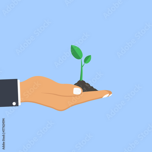 Human hand palm holds plant. Concept of planting sapling. Vector illustration.