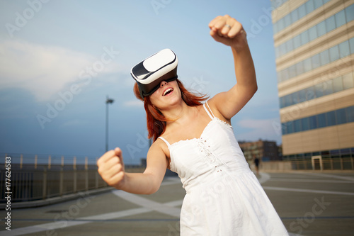 Photography young woman using viewer for augmented reality