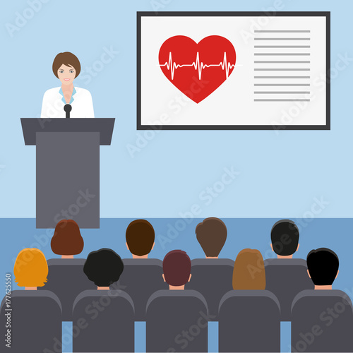 Female doctor giving medical lecture or presentation. Healthcare and medical design concept.