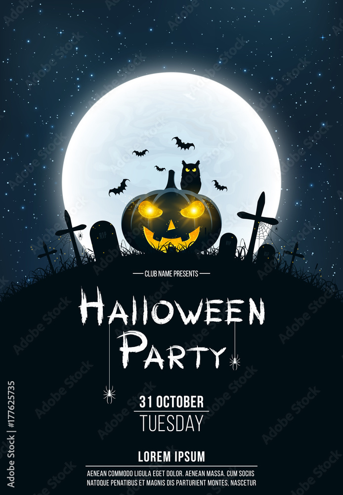 Template for Halloween party. Terrible concept of crosses, graves and a glowing pumpkin. Gold dust. Black owl. Grunge text. Full moon. Vertical background. Vector illustration