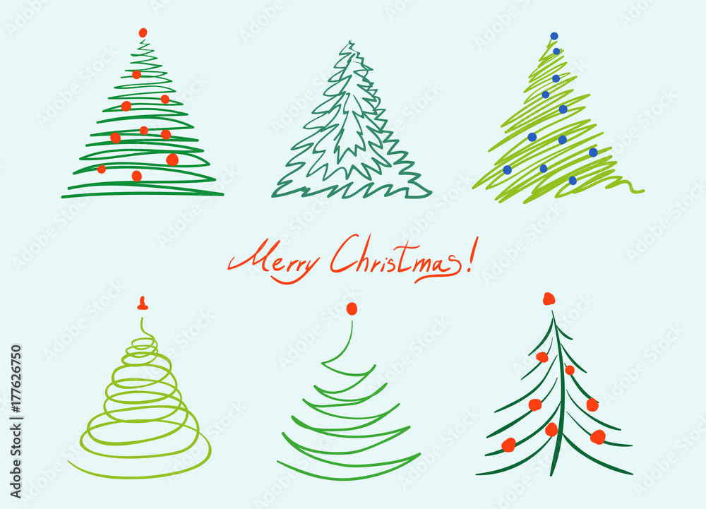 Christmas tree set. Vector hand drawn simple illustration.