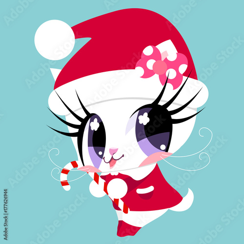 Cute white kitty in Santa Claus costume holds a candy. A gift for Christmas. New Year. Children's character.