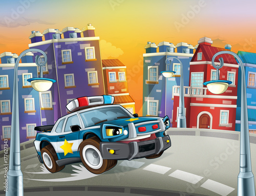 cartoon scene with police car driving through the city illustration for children © honeyflavour