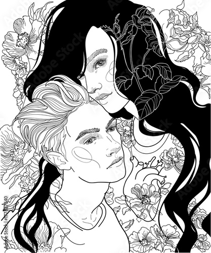  
beautiful young couple, brunette and blond, the girl's heart is flowering with a dog rose from love