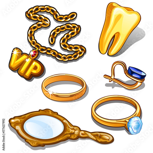 Gold attributes of rich man. Gold chain with badge VIP, tooth, ring, earring, mirror. Set of six items isolated on white background. Vector illustration in cartoon style