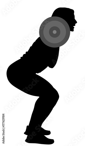 sport, bodybuilding, lifestyle and people concept - young woman with barbell flexing muscles and making shoulder press squat in gym, vector silhouette illustration.