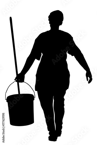 Floor care and cleaning services with washing mop in sterile factory or clean hospital. Cleaning lady service vector silhouette illustration.