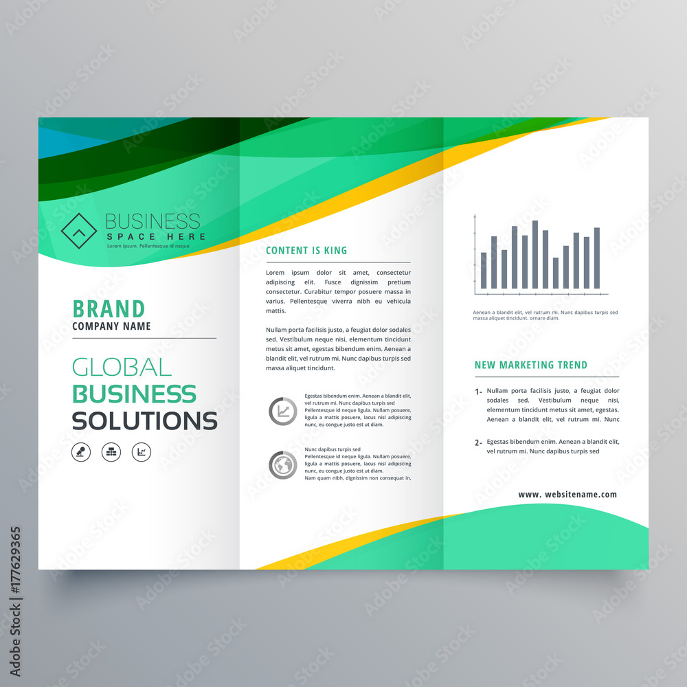 wavy green trifold business brochure vector design