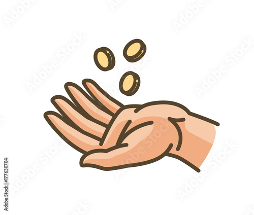 Hand and money or gold coins. Earnings, cash, profit, income icon. Vector illustration