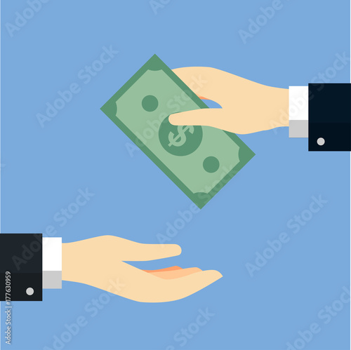 Businessman giving or offering money to another hand - Vector Flat Design