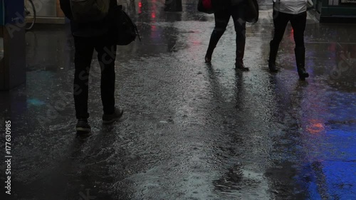Walking through rain puddles, New York City. Slow motion.