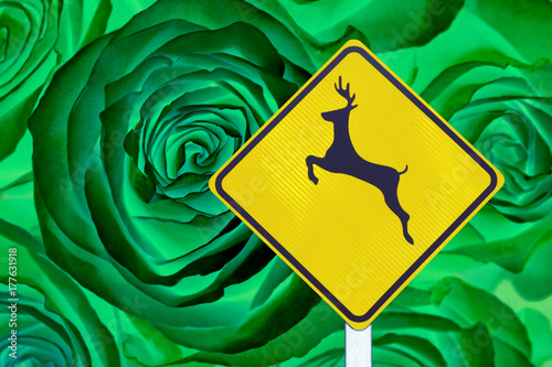 Deer parade: warning signal with floral motif  in background photo