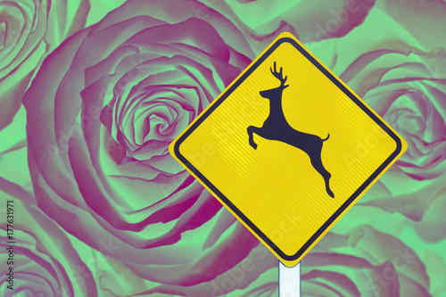 Deer parade: warning signal with floral motif  in background photo