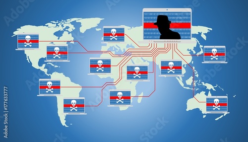 Illustration of insecure network, world wide computer controlled by a botnet master. Botnet is a number of Internet-connected devices, each of which is running one or more bots. photo