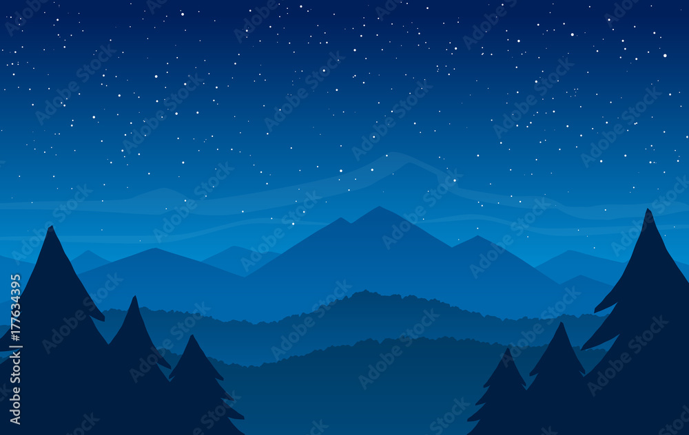 Vector illustration: Hand Drawn Night Mountains landscape with stars on the sky