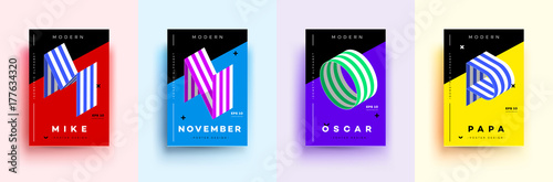 Modern Typographic Colorful Covers. Isometric Letters M, N, O, P With Abstract Memphis Design Background. Vector Trendy Template For Your Posters, Banners, Presentations, Layouts