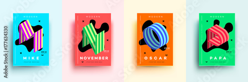 Modern Typographic Colorful Covers. Isometric Letters M, N, O, P With Abstract Memphis Design Background. Vector Trendy Template For Your Posters, Banners, Presentations, Layouts