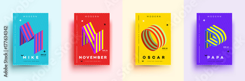 Modern Typographic Colorful Covers. Isometric Letters M, N, O, P With Abstract Memphis Design Background. Vector Trendy Template For Your Posters, Banners, Presentations, Layouts