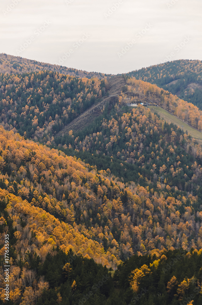 Mountain landscape on a cloudy autumn day in Russia, Syberia