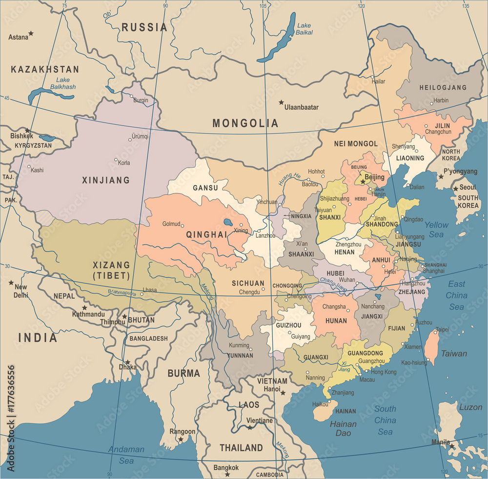 China Map - Vintage Vector Illustration