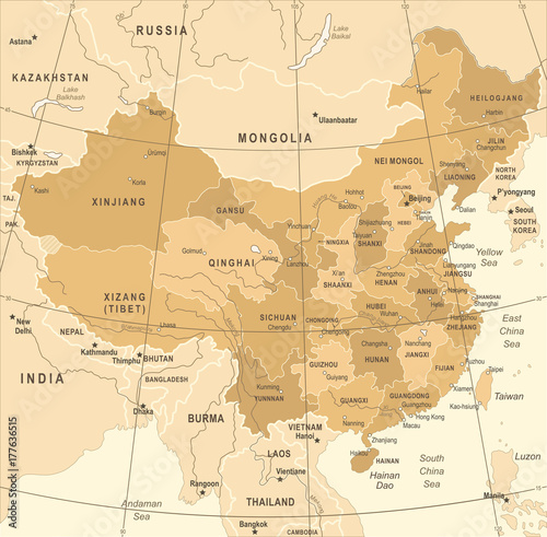 Fotografie, Obraz China Map - Vintage Vector Illustration