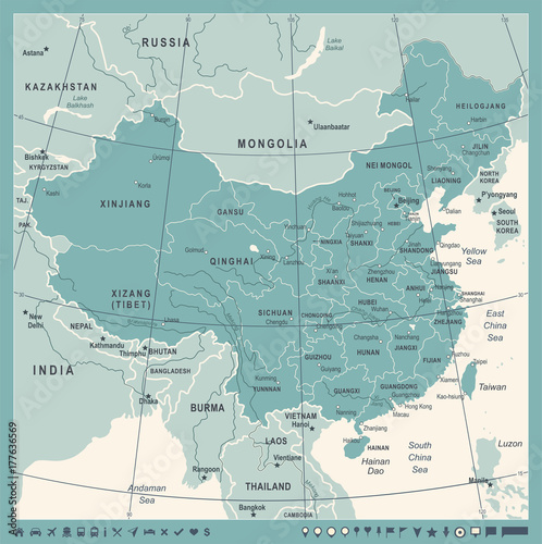 Wallpaper Mural China Map - Vintage Vector Illustration