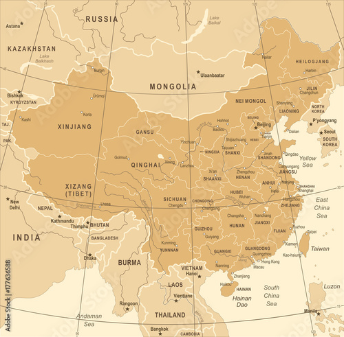 China Map - Vintage Vector Illustration